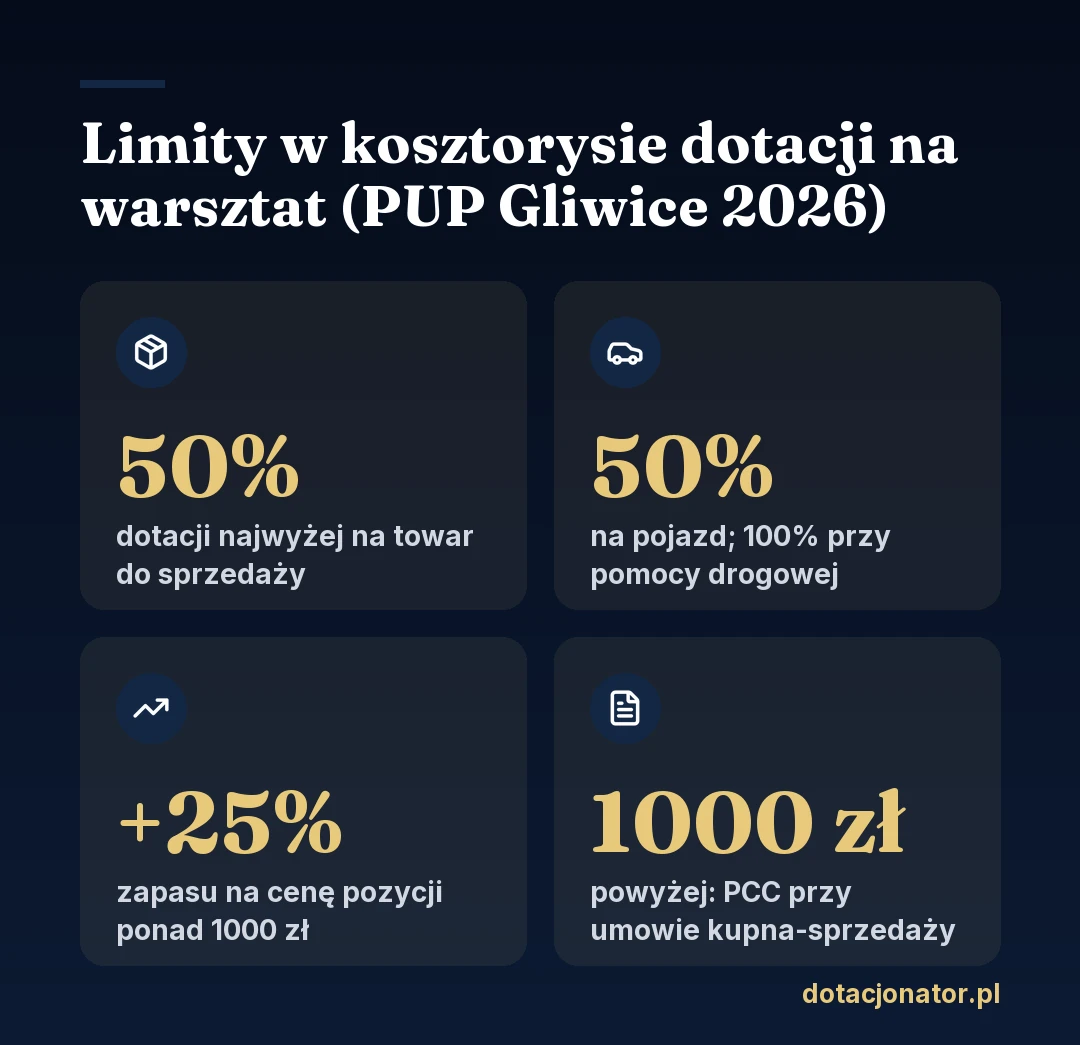 Limity w kosztorysie dotacji na warsztat wg zasad PUP Gliwice 2026: towar do sprzedaży najwyżej 50% dotacji, pojazd najwyżej 50% (całość przy pomocy drogowej, a także przy przewozie osób i usługach kurierskich), zapas 25% na cenę pozycji droższej niż 1000 zł przy rozliczeniu, przy umowie kupna-sprzedaży powyżej 1000 zł potwierdzenie zapłaty PCC