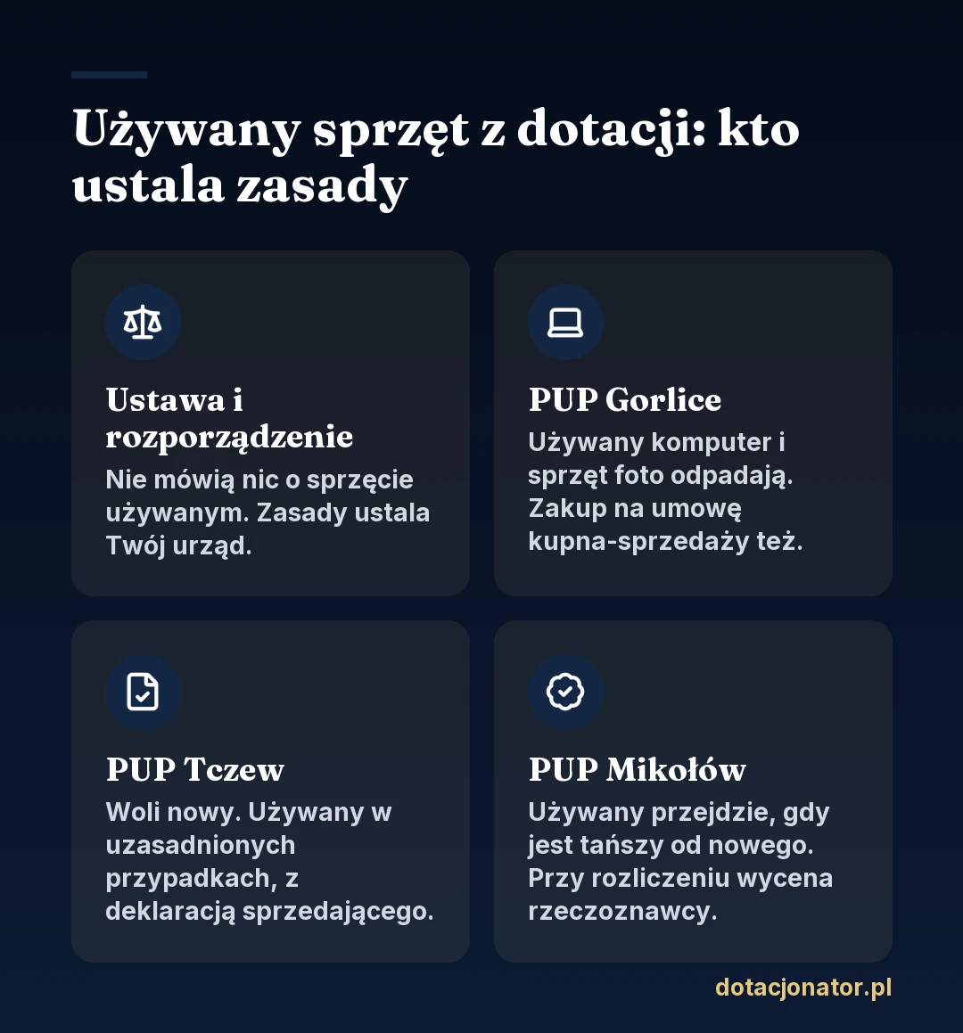 Używany sprzęt z dotacji: ustawa i rozporządzenie nic o nim nie mówią, PUP Gorlice wyklucza używany komputer i sprzęt foto oraz zakup na umowę kupna-sprzedaży, PUP Tczew woli nowy sprzęt i wymaga deklaracji sprzedającego, PUP Mikołów przyjmie używany tańszy od nowego z wyceną rzeczoznawcy